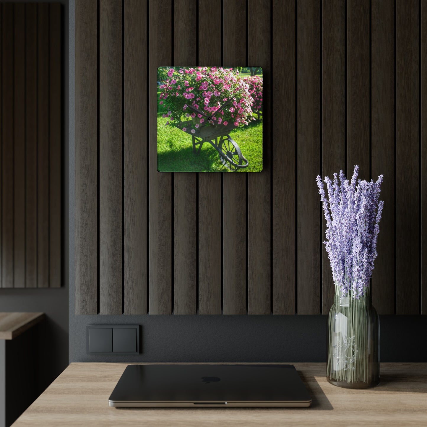 Rustic Farmhouse Wall Clock featuring Wheelbarrow Full of Flowers