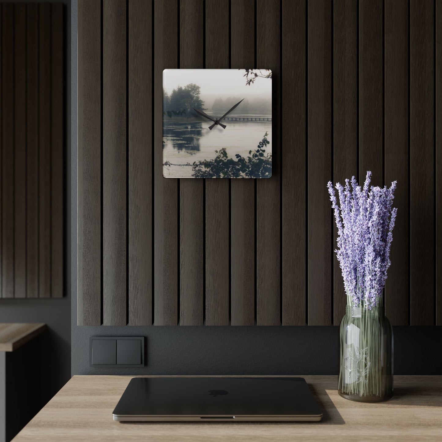 U R There Photography Bridge in Fog Rustic Farmhouse Acrylic Analog Wall Clock
