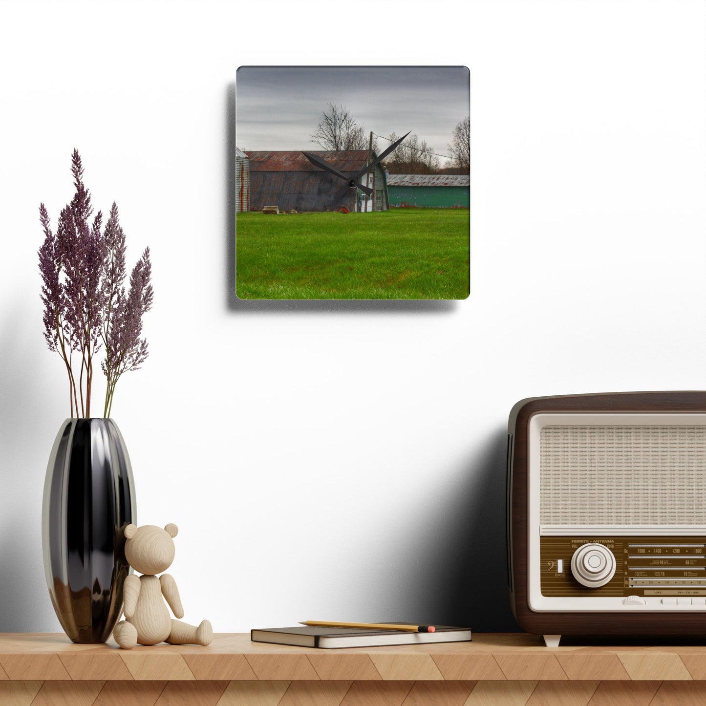 U R There Photography Hough Road Green Quonset II Rustic Farmhouse Acrylic Analog Wall Clock
