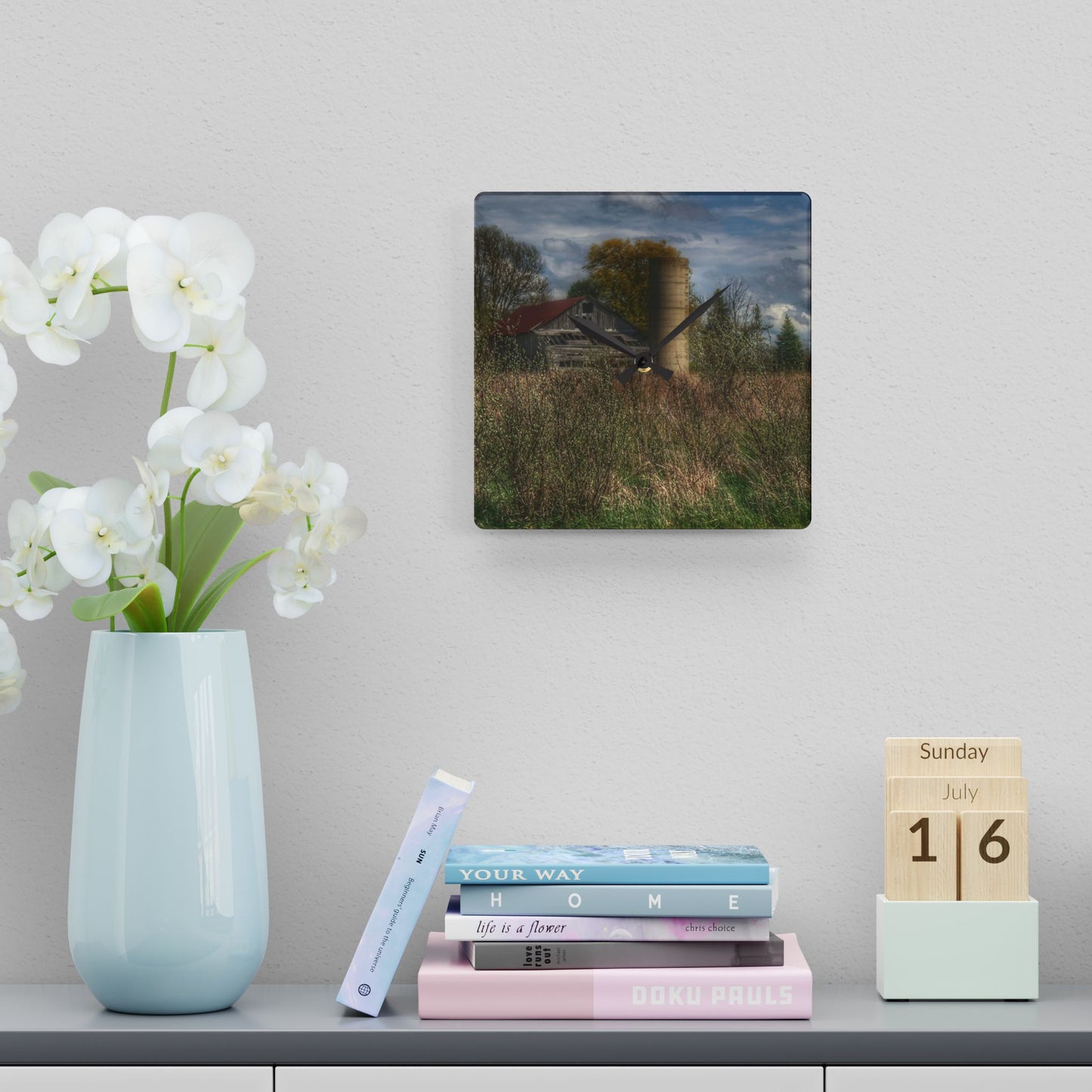 Rustic Farmhouse Wall Clock featuring Old Wooden Barn and Silo I