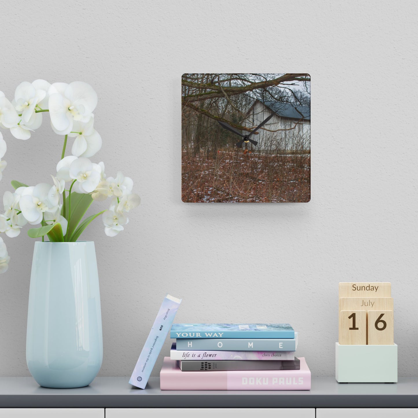 U R There Photography Norway Lake Hidden White Rustic Farmhouse Acrylic Analog Wall Clock
