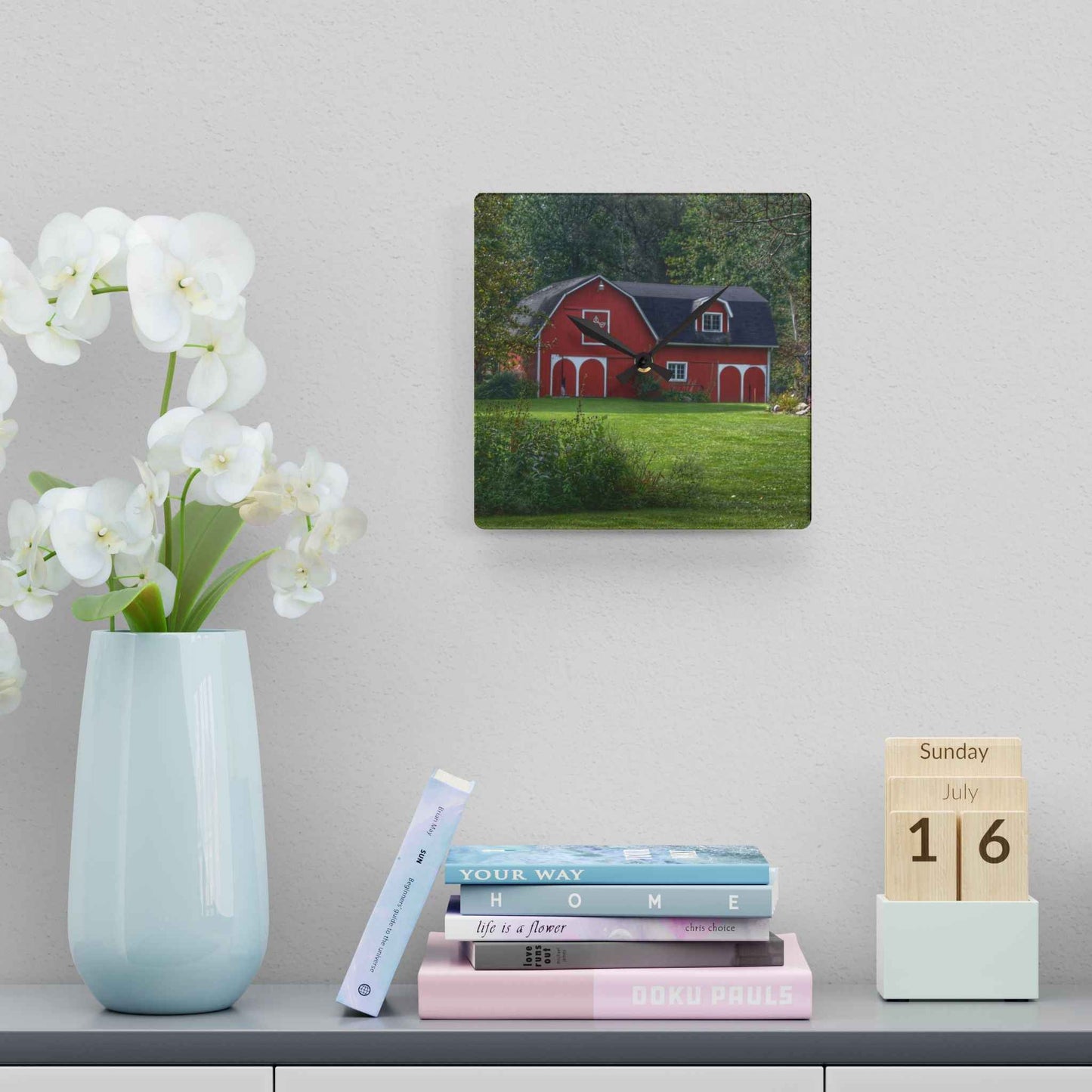 U R There Photography Charming Red Rustic Farmhouse Acrylic Analog Wall Clock 10.75'' × 10.75'' (Square)