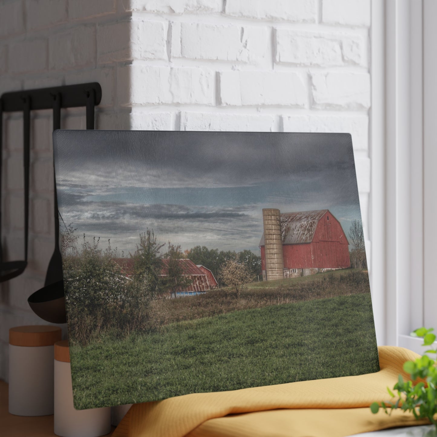 U R There Photography Clear Lake Road Red Rustic Farmhouse Tempered-Glass Cutting Board