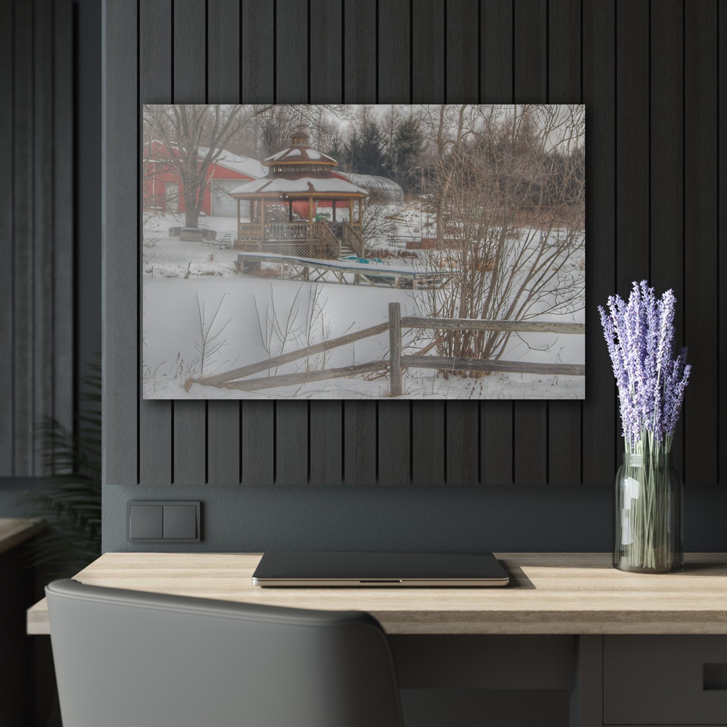 U R There Photography Columbiaville Gazebo in Winter Rustic Farmhouse Acrylic Wall Print