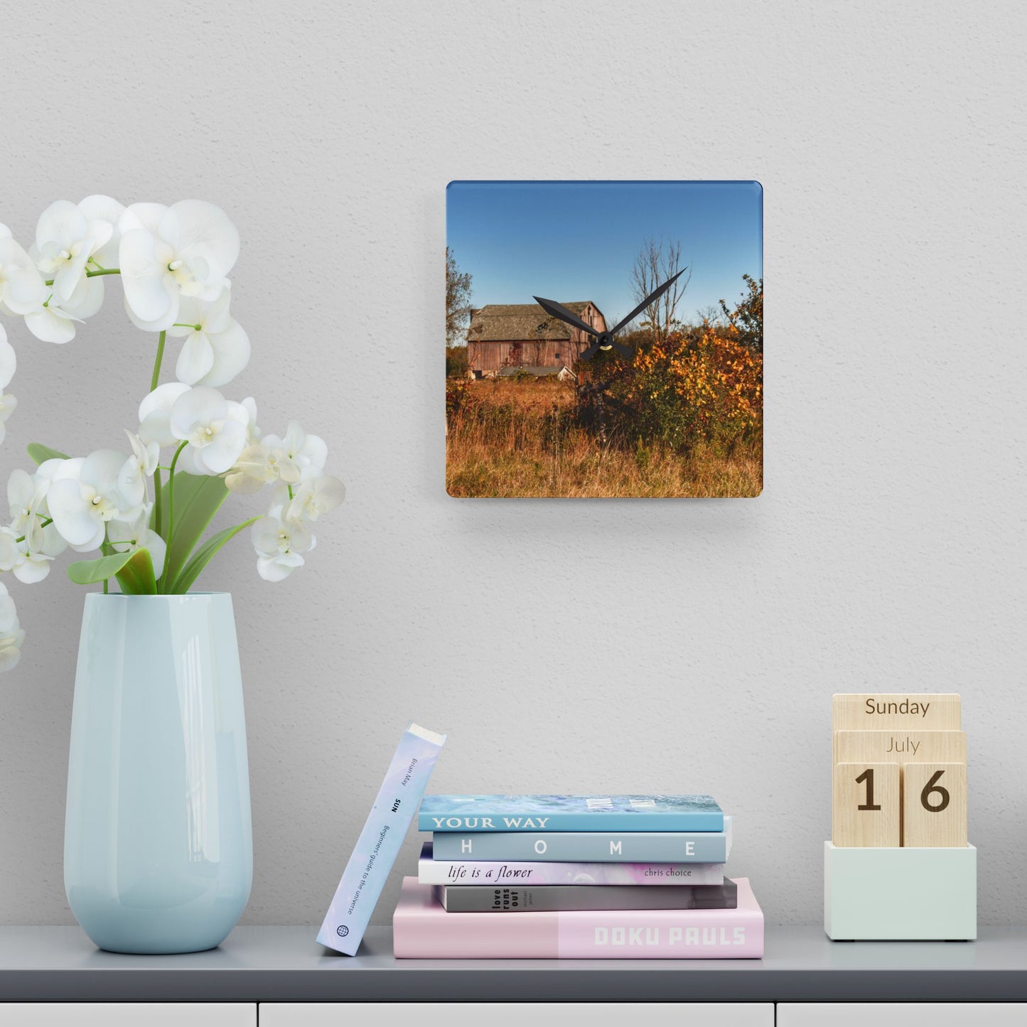 U R There Photography Clothier Road Red I Rustic Farmhouse Acrylic Analog Wall Clock