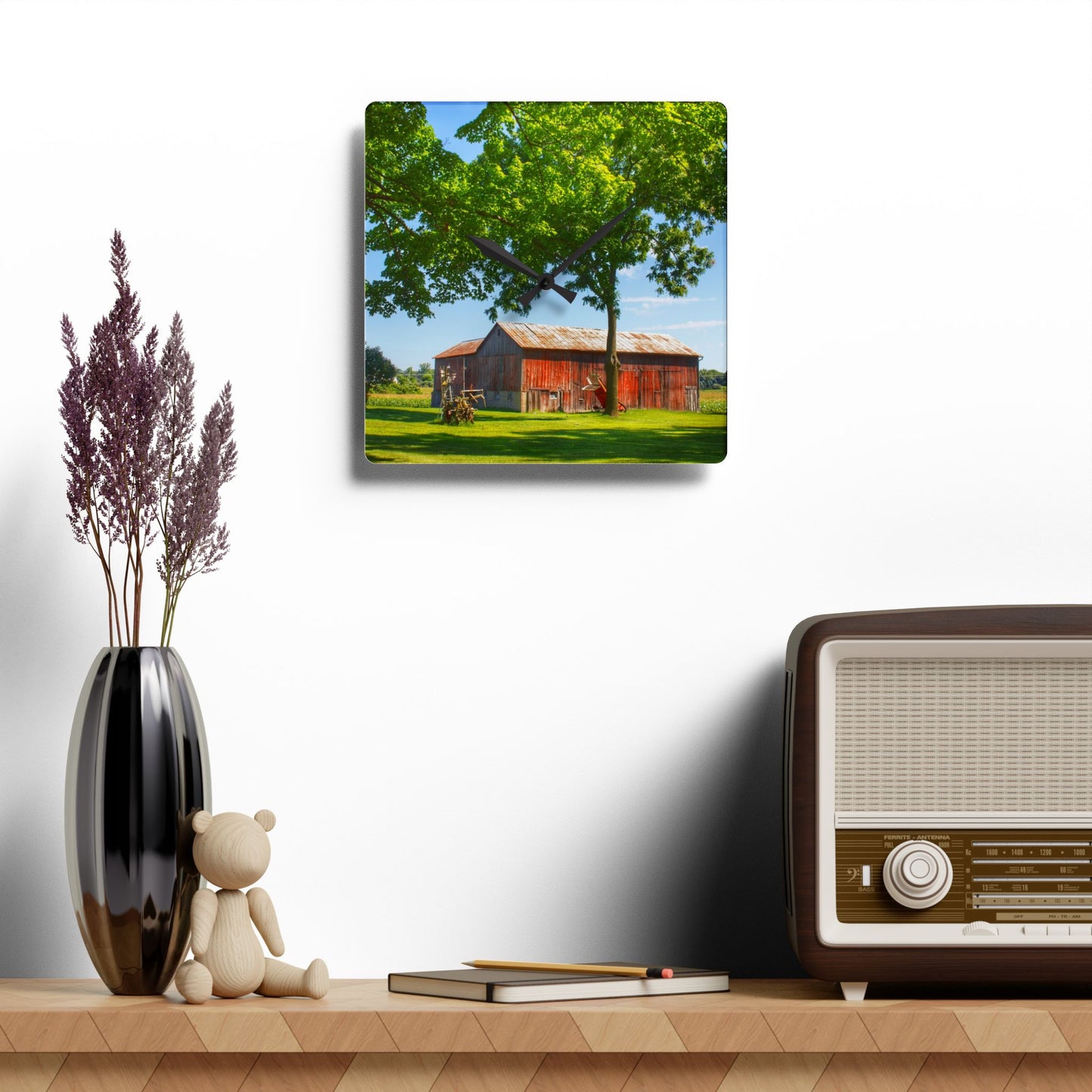 U R There Photography Hunters Creek Little Red Cow Barn Rustic Farmhouse Acrylic Analog Wall Clock