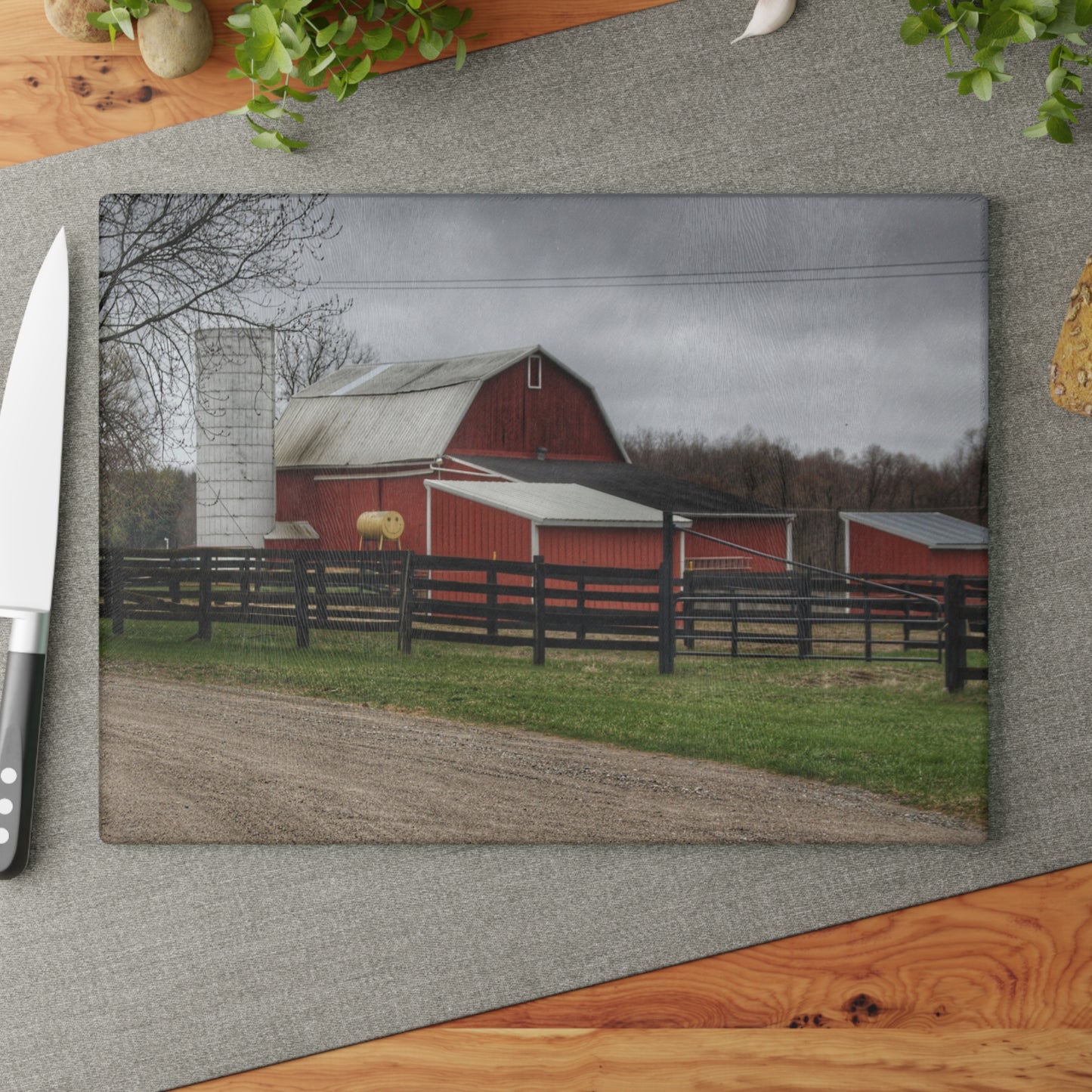 U R There Photography West Lake Road Happy Barn Rustic Farmhouse Tempered-Glass Cutting Board