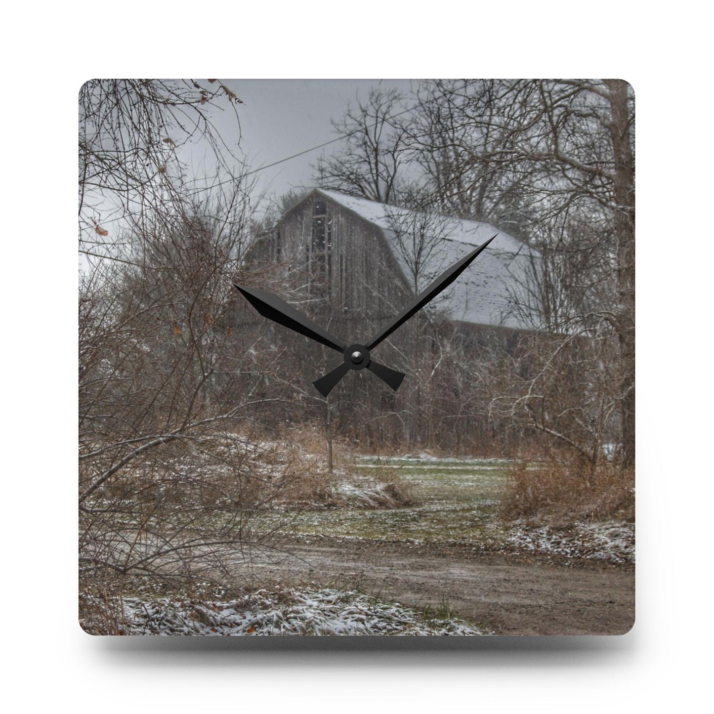 U R There Photography Bishop Road Winter Grey Rustic Farmhouse Acrylic Analog Wall Clock