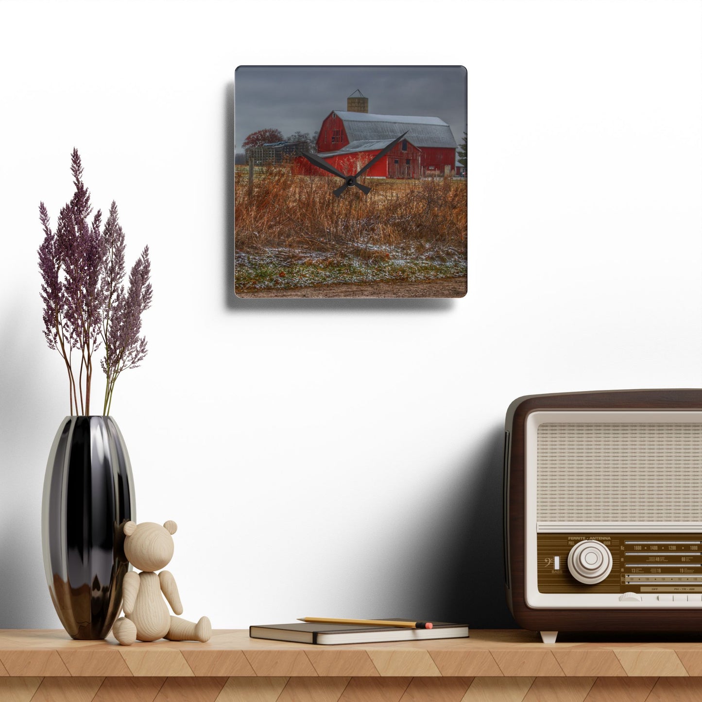 U R There Photography Hough Road Reds Rustic Farmhouse Acrylic Analog Wall Clock