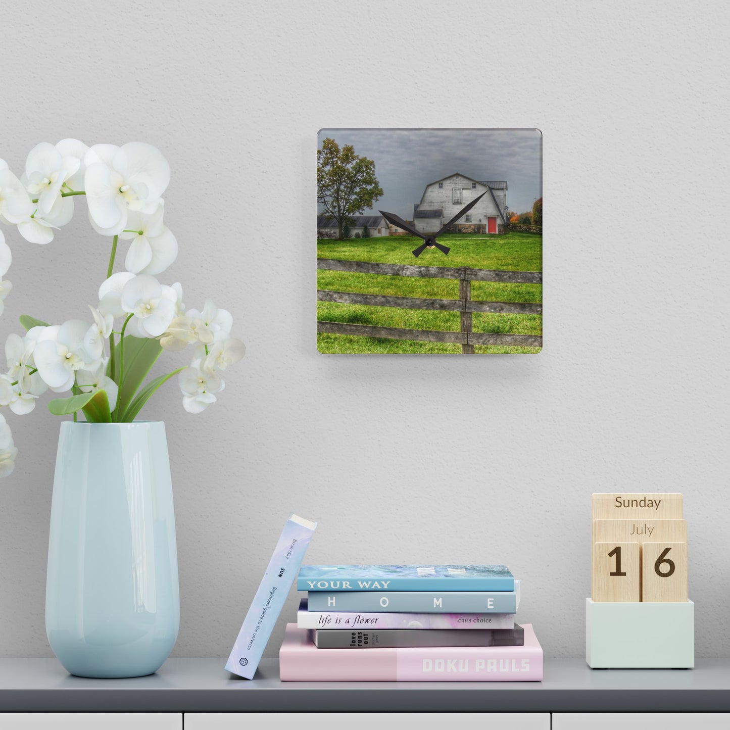 U R There Photography Hill Road Hillside White Rustic Farmhouse Acrylic Analog Wall Clock