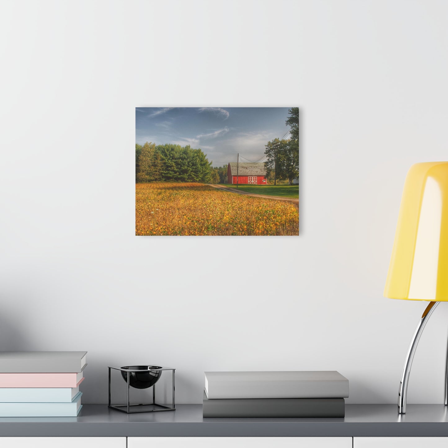 U R There Photography Red Barn on Golden Field Rustic Farmhouse Acrylic Analog Wall Clock