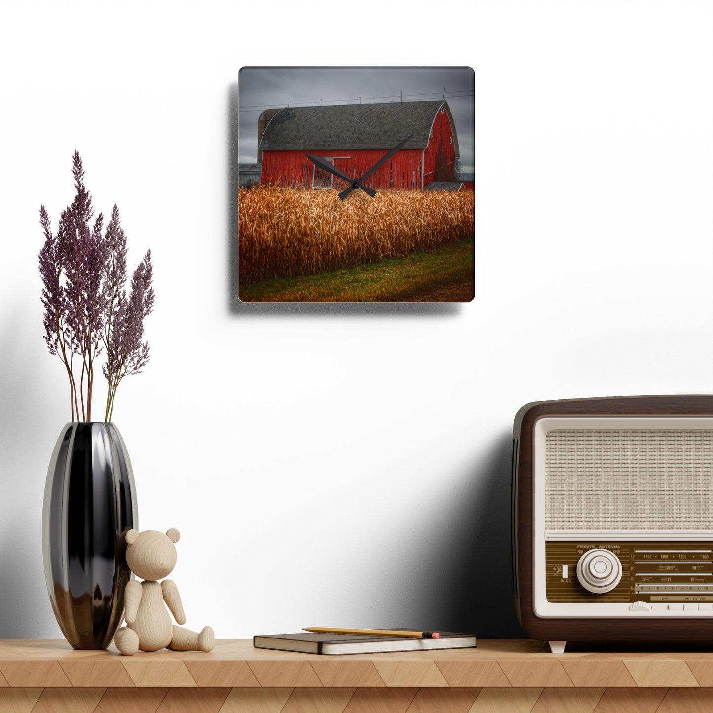 U R There Photography Slattery Road Cornfield Red Rustic Farmhouse Acrylic Analog Wall Clock