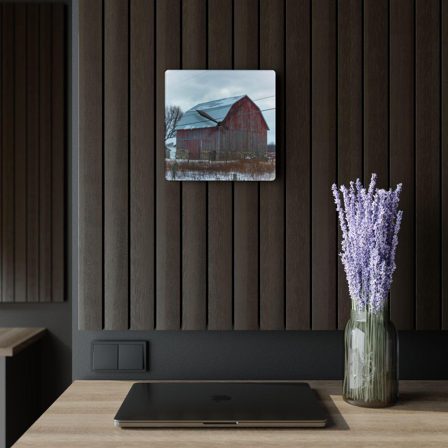 U R There Photography Lake Pleasant Stone Red and Little Grey Rustic Farmhouse Acrylic Analog Wall Clock