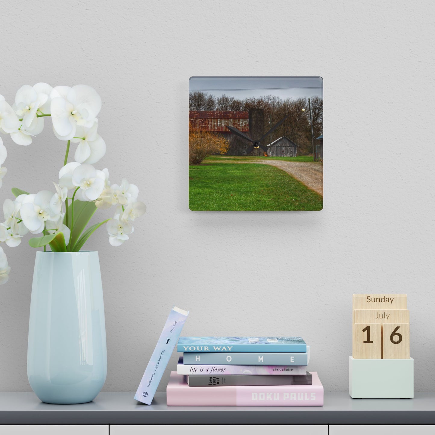 U R There Photography South Summers Road Rusted and Little Grey Rustic Farmhouse Acrylic Analog Wall Clock