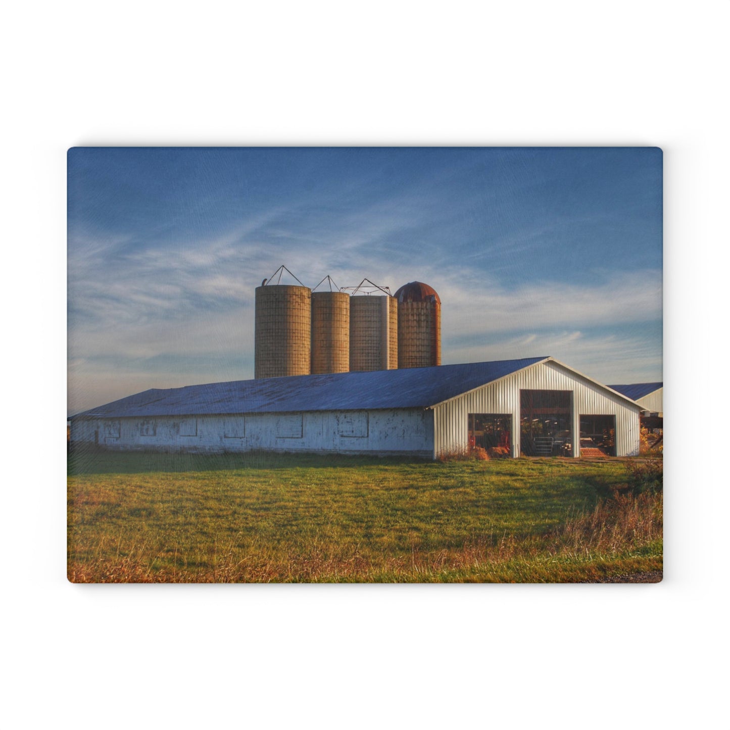 U R There Photography Peck White and Silos Rustic Farmhouse Tempered-Glass Cutting Board