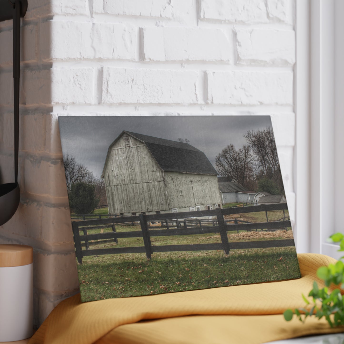 U R There Photography Roadside White Beyond the Fences Rustic Farmhouse Tempered-Glass Cutting Board