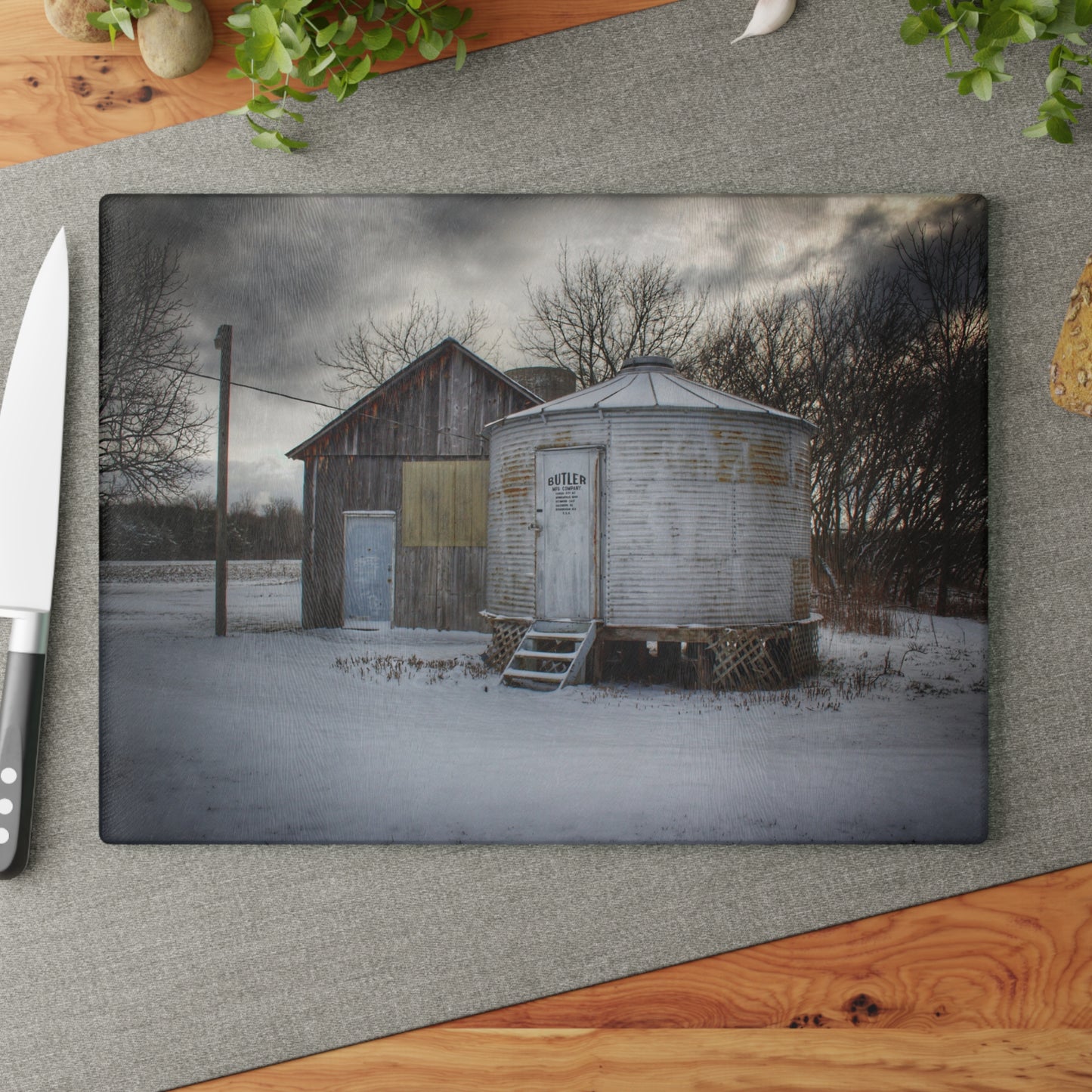 U R There Photography Vassar Silo and Shack Rustic Farmhouse Tempered-Glass Cutting Board