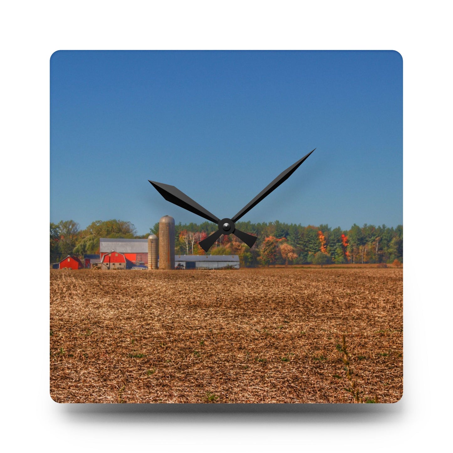 U R There Photography Rowe Road Farm Across the Field Rustic Farmhouse Acrylic Analog Wall Clock