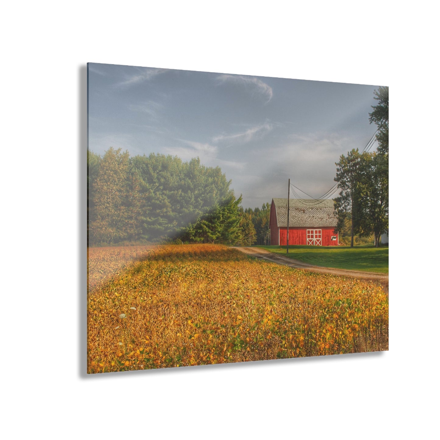 U R There Photography Red Barn on Golden Field Rustic Farmhouse Acrylic Analog Wall Clock