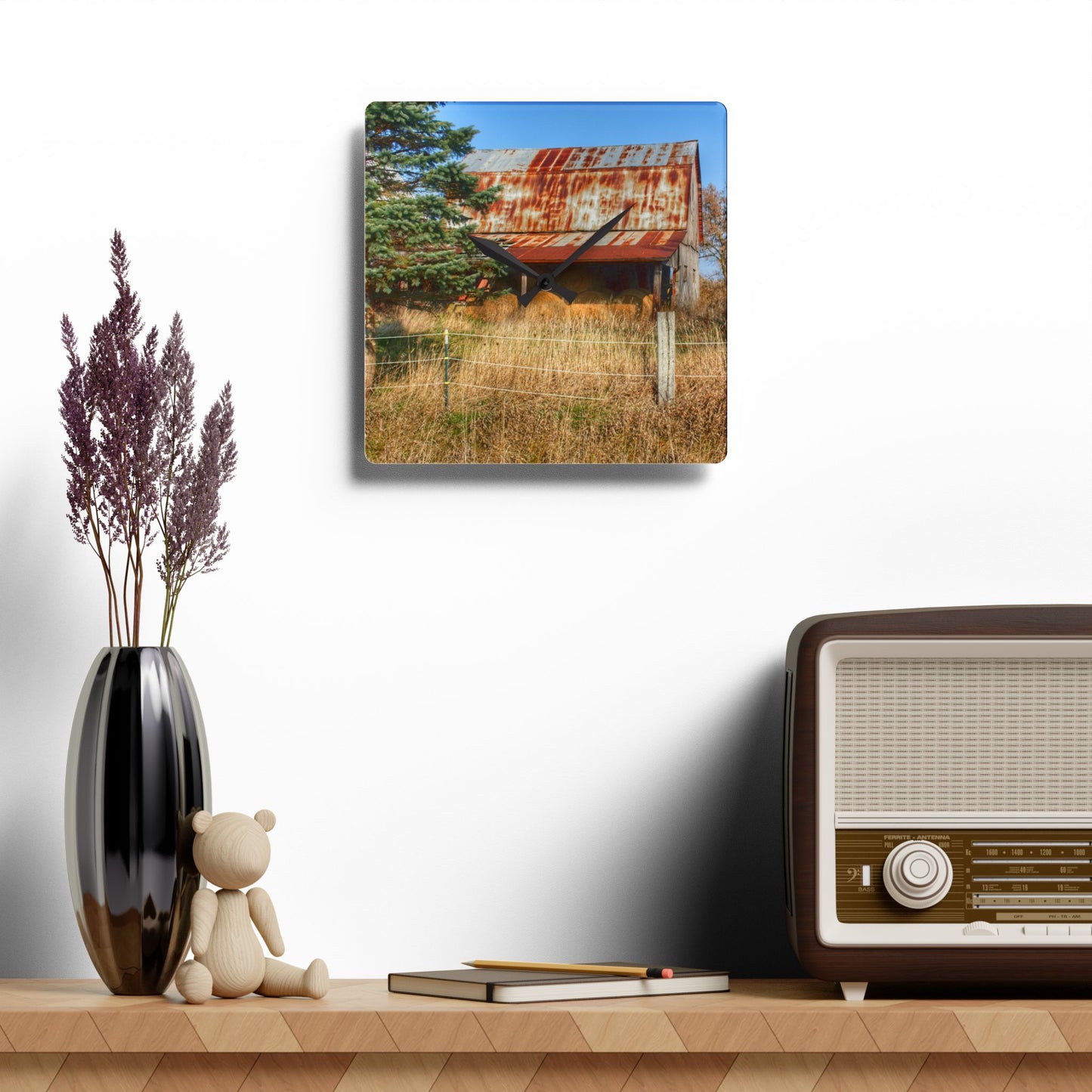 U R There Photography Dodge Road Hay Barn I Rustic Farmhouse Acrylic Analog Wall Clock