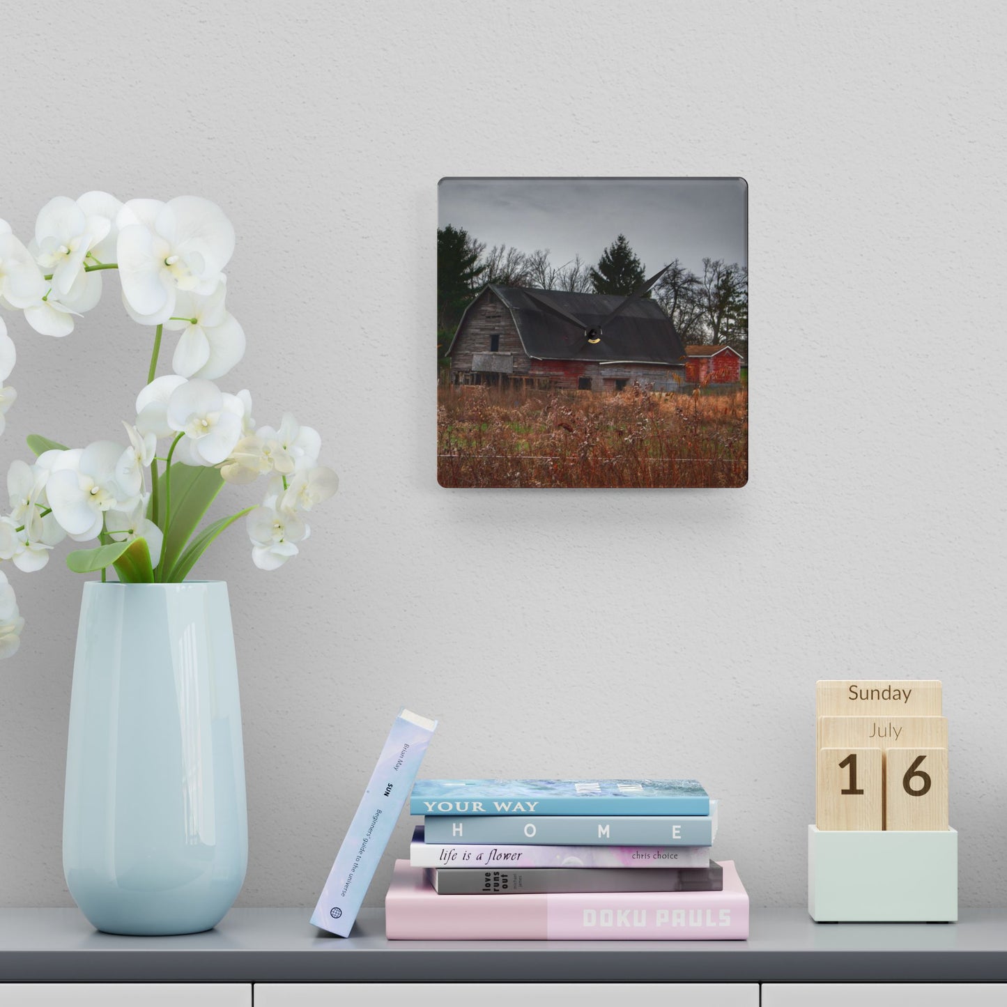 U R There Photography Field Grey and Little Red Rustic Farmhouse Acrylic Analog Wall Clock