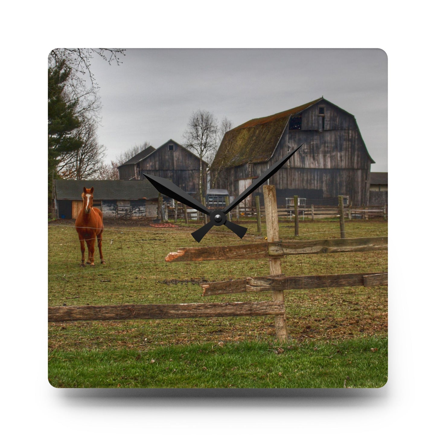 U R There Photography South Summers Road Old Grey and Caramel II Rustic Farmhouse Acrylic Analog Wall Clock