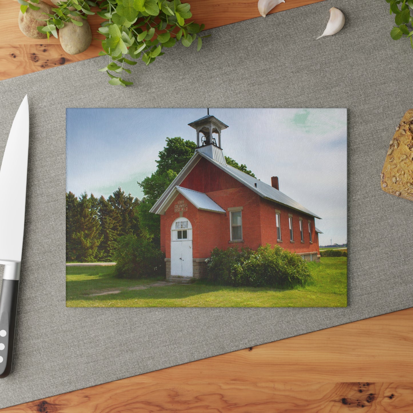 U R There Photography French Road Old Standard Schoolhouse I Rustic Farmhouse Tempered-Glass Cutting Board