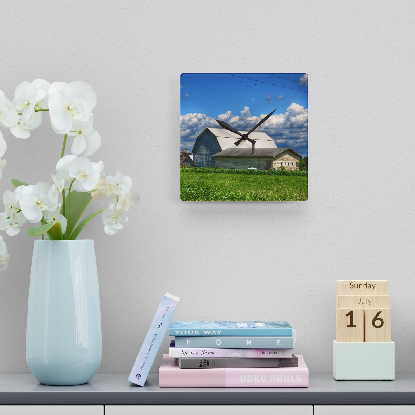 U R There Photography Lake Road Whites Rustic Farmhouse Acrylic Analog Wall Clock