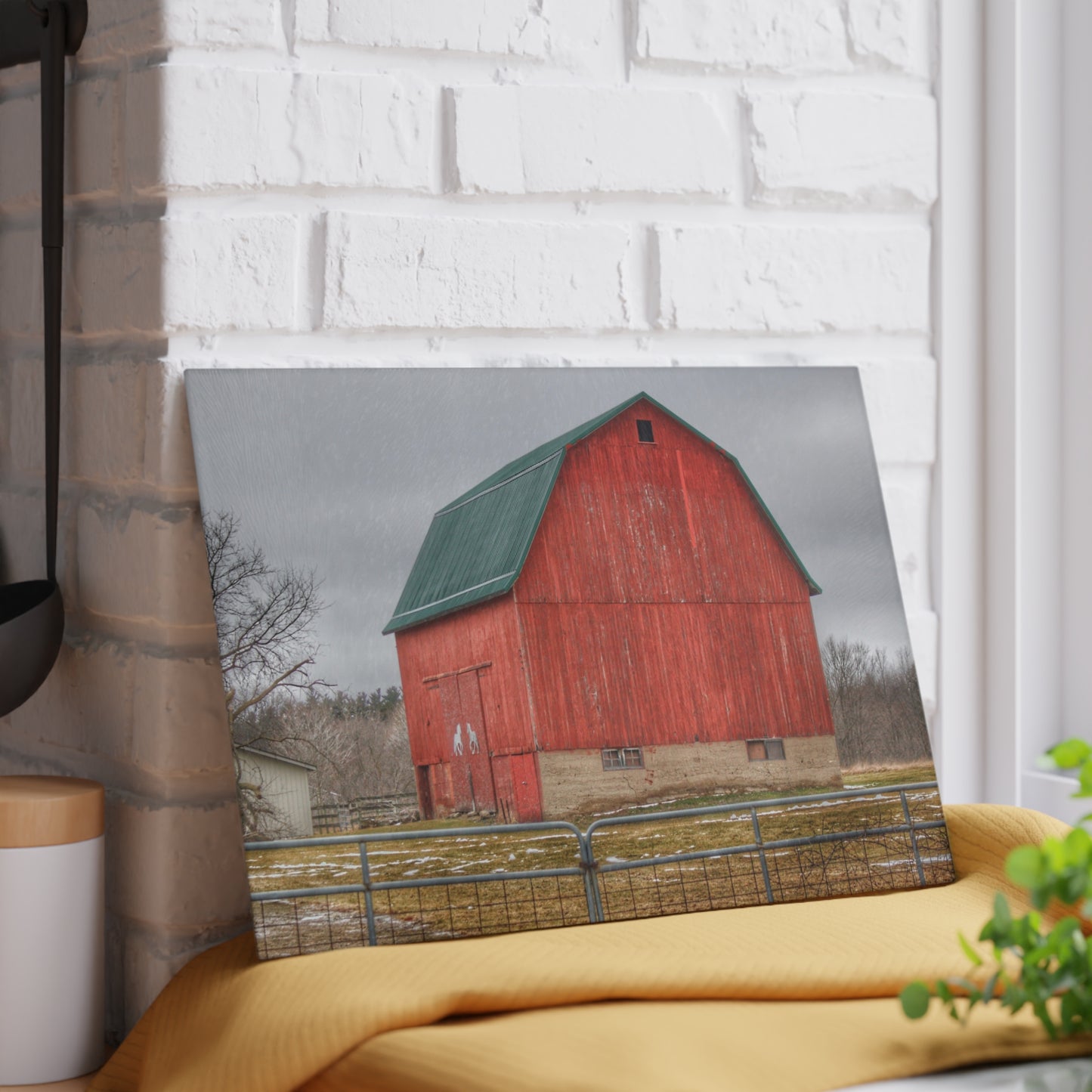 U R There Photography Lonsberry Red Rustic Farmhouse Tempered-Glass Cutting Board
