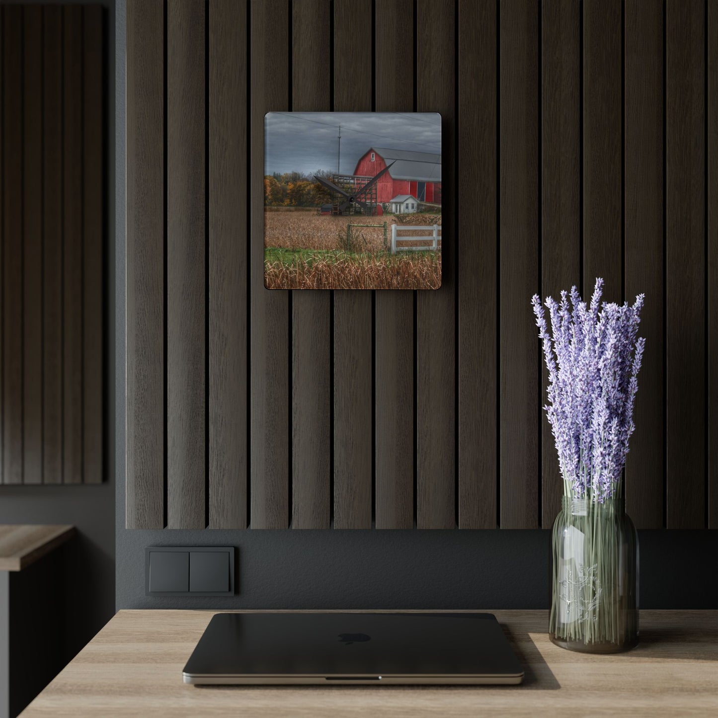 U R There Photography Barnes Road Red in Fall Rustic Farmhouse Acrylic Analog Wall Clock