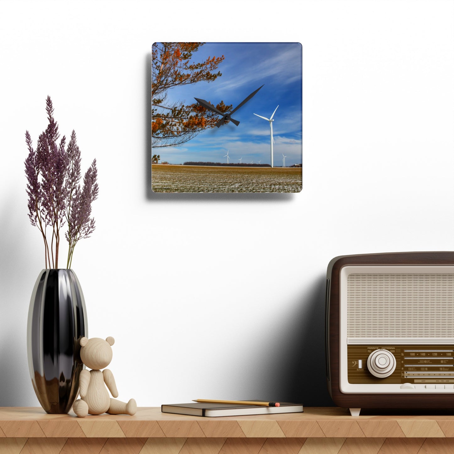 Rustic Farmhouse Wall Clock featuring Winter Windmills