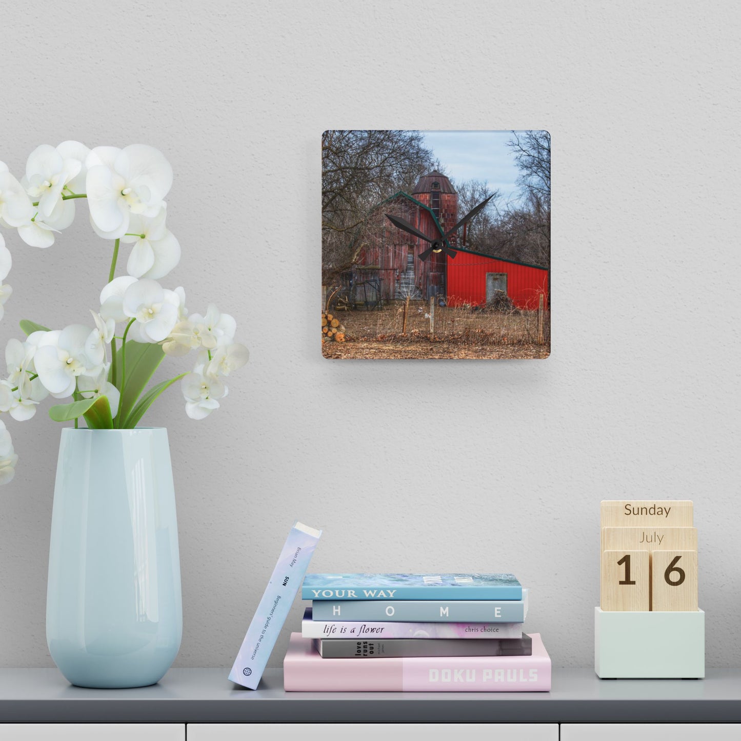 U R There Photography Bray Road Hidden Barnyard Red I Rustic Farmhouse Acrylic Analog Wall Clock