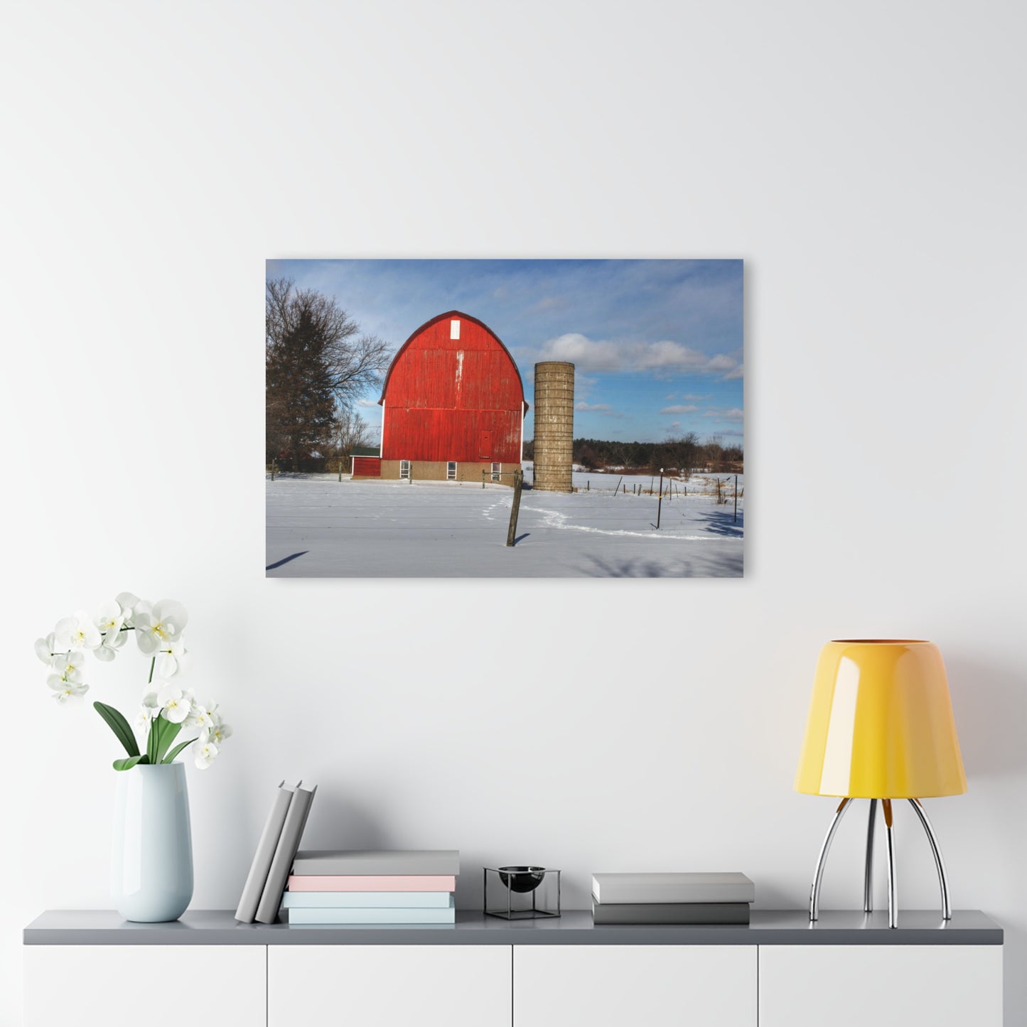 U R There Photography Barnes Road Winter Red Rustic Farmhouse Acrylic Wall Print
