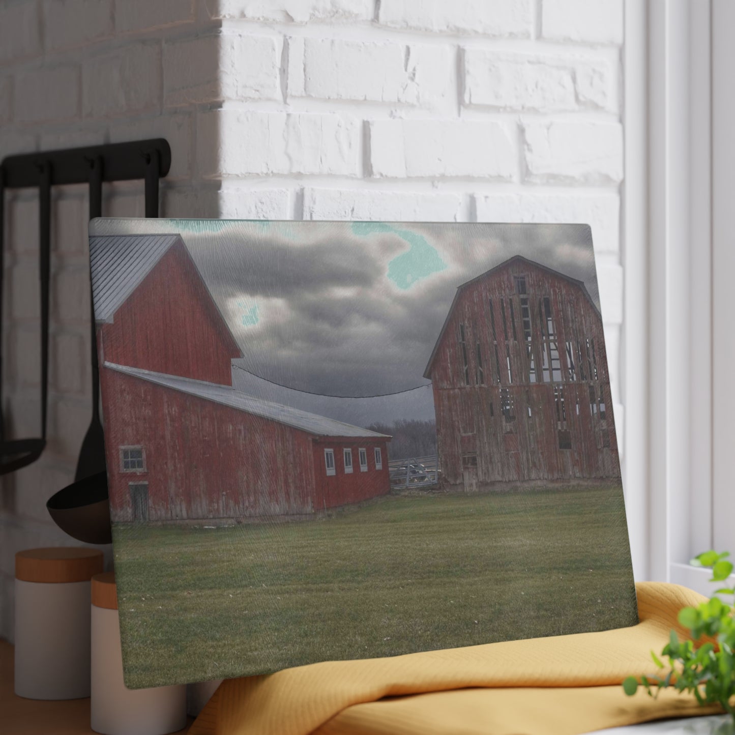 U R There Photography Church Road Reds Rustic Farmhouse Tempered-Glass Cutting Board