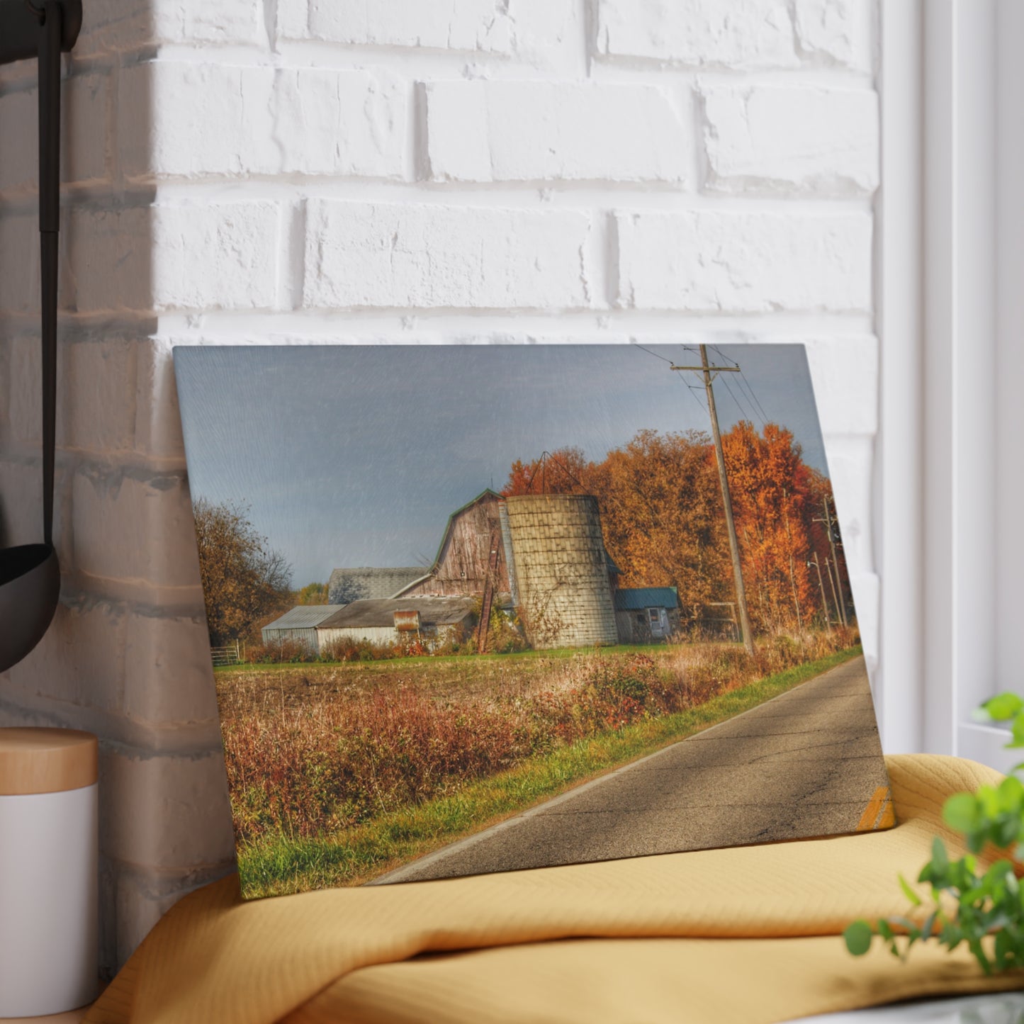 U R There Photography Plumb Creek Road Red in Fall II Rustic Farmhouse Tempered-Glass Cutting Board