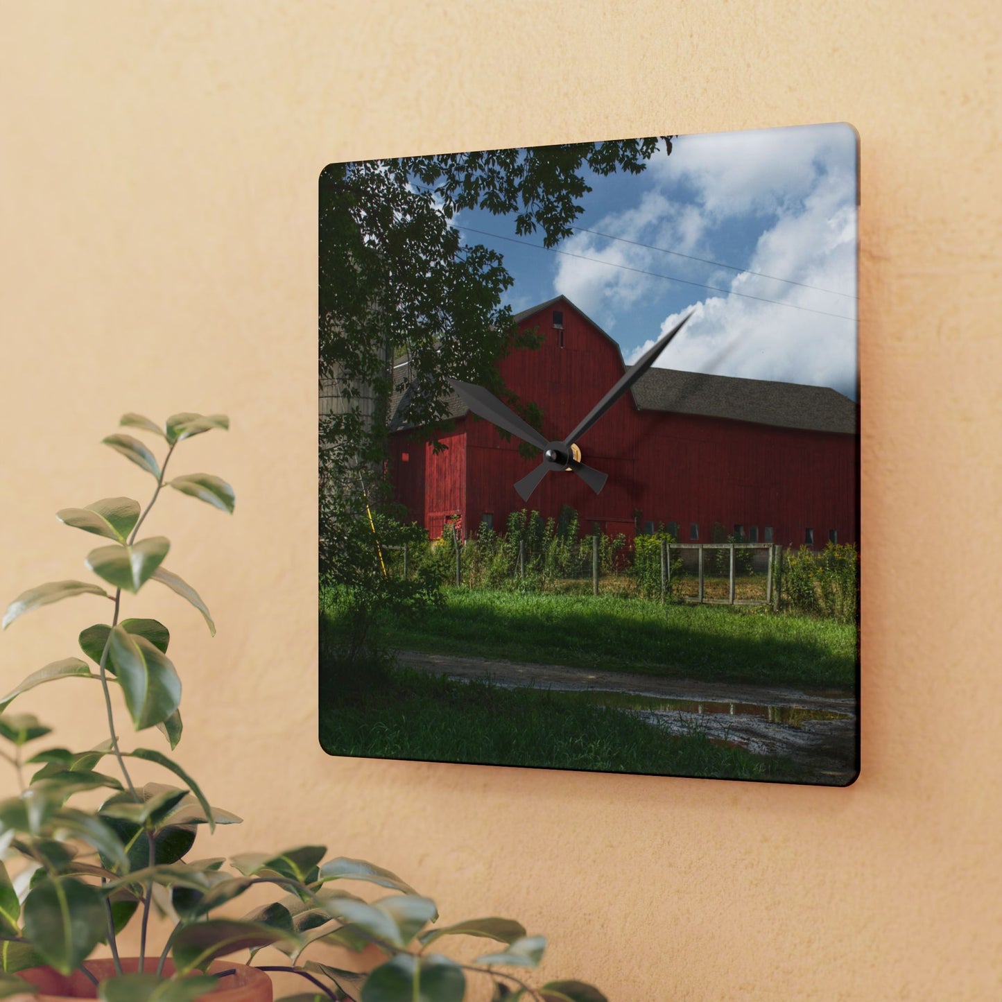 U R There Photography Metamora Road Red Rustic Farmhouse Acrylic Analog Wall Clock
