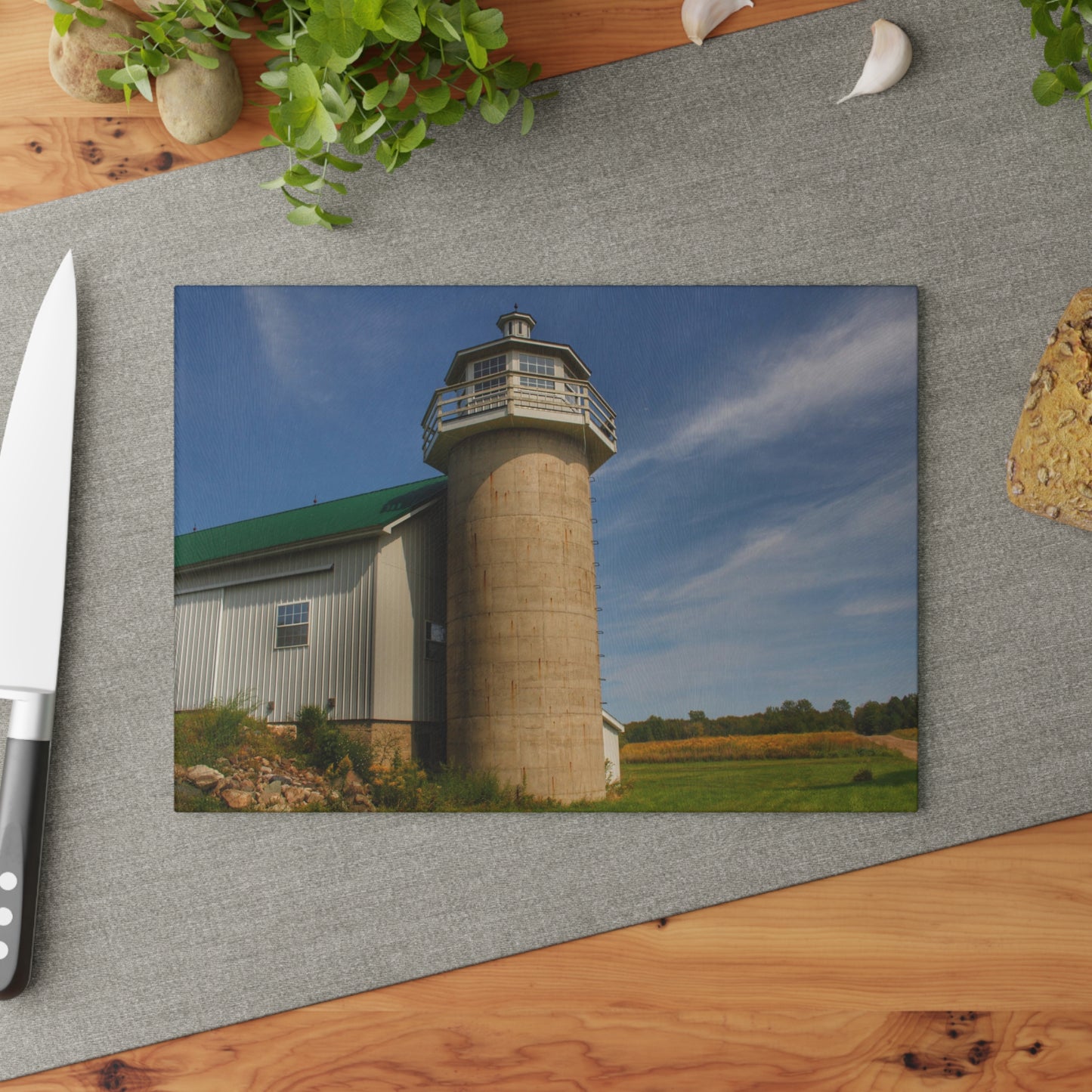 U R There Photography Phelps Road Lighthouse Barn II Rustic Farmhouse Tempered-Glass Cutting Board