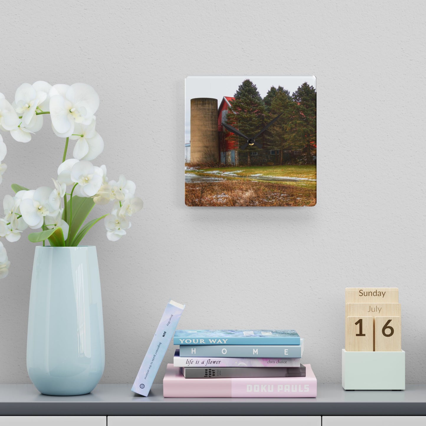 U R There Photography Laur Road Red Among the Pines III Rustic Farmhouse Acrylic Analog Wall Clock