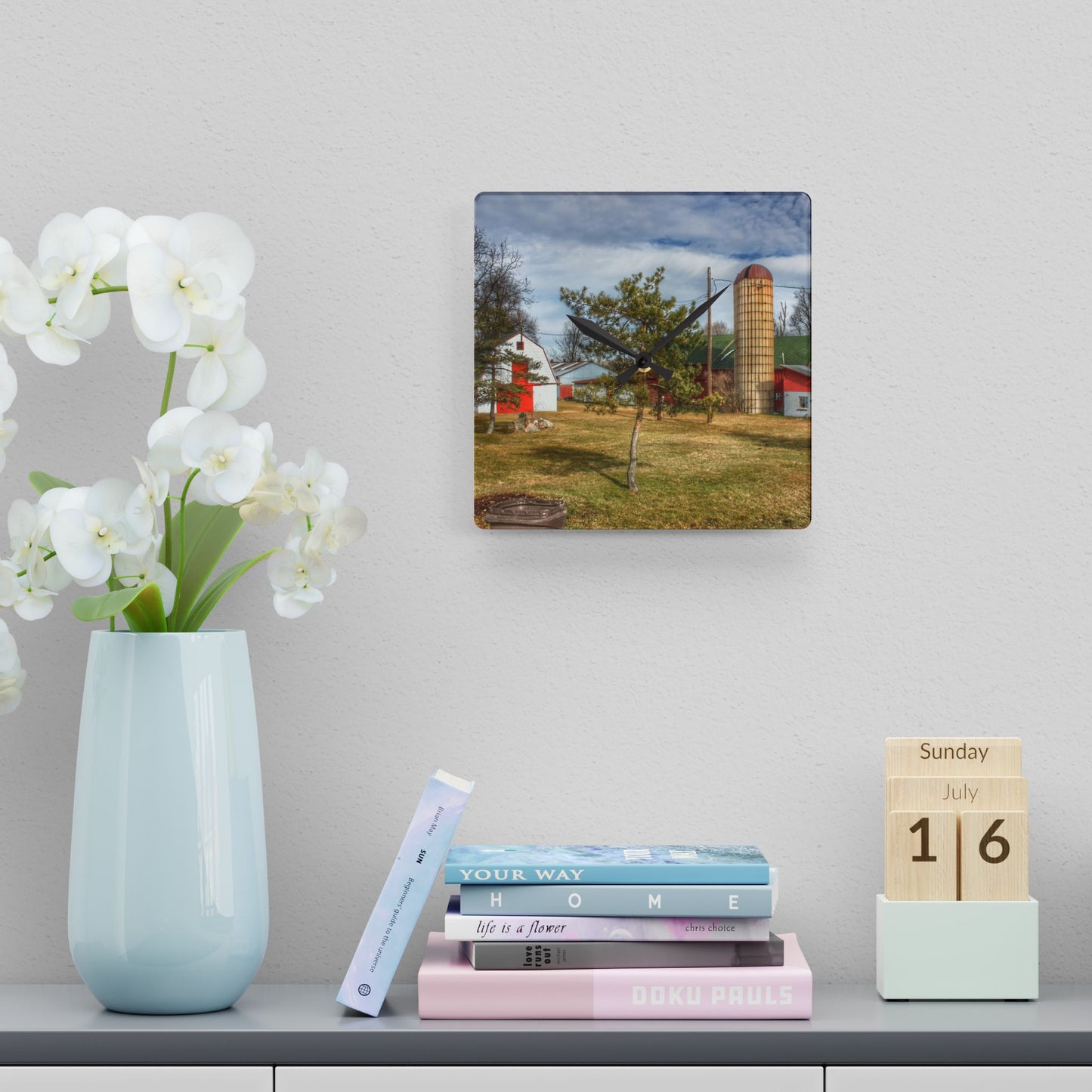 U R There Photography Newark Road Red and Silos I Rustic Farmhouse Acrylic Analog Wall Clock