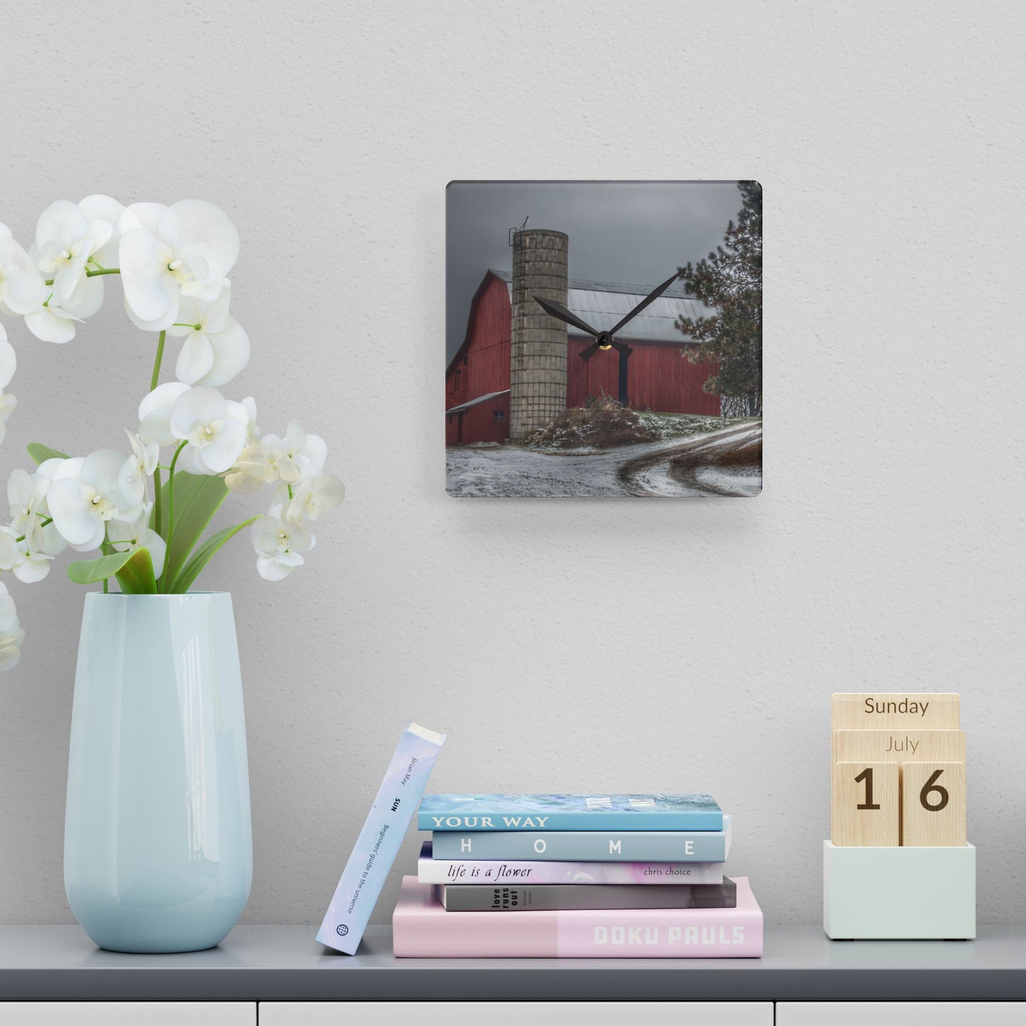 U R There Photography South Kirk Road Red Rustic Farmhouse Acrylic Analog Wall Clock