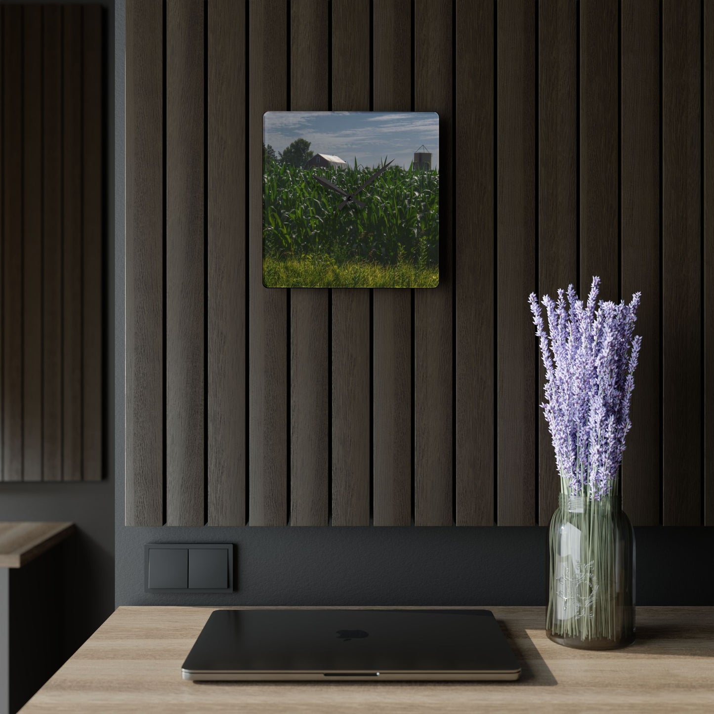 U R There Photography Above the Corn on Piersonville Road I Rustic Farmhouse Acrylic Analog Wall Clock
