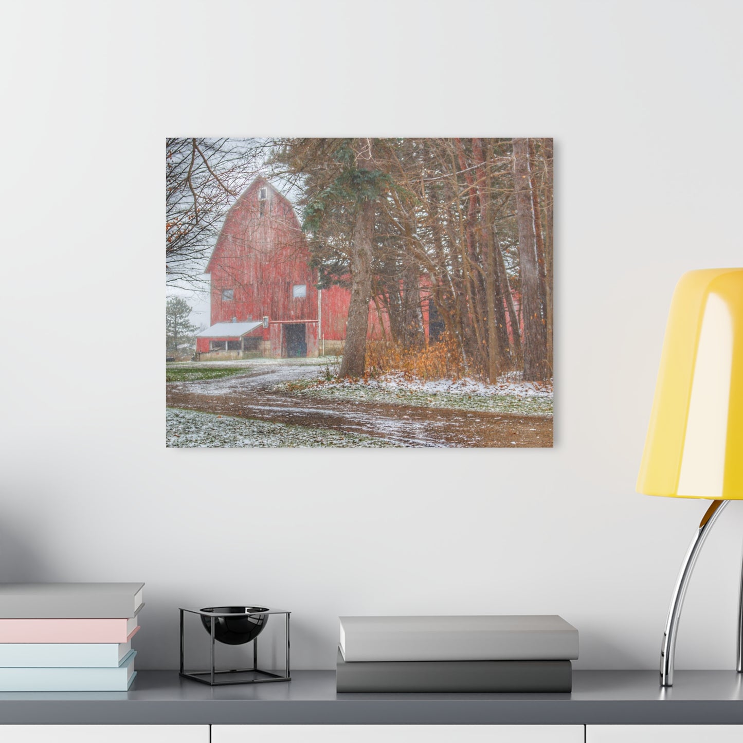 U R There Photography Tubspring Road Hidden Winter Red Rustic Farmhouse Acrylic Wall Print