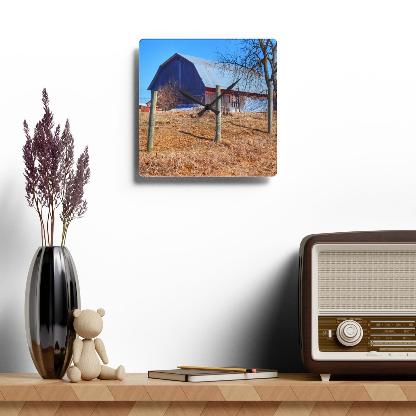 U R There Photography Marathon Haybarn on the Hill II Rustic Farmhouse Acrylic Analog Wall Clock