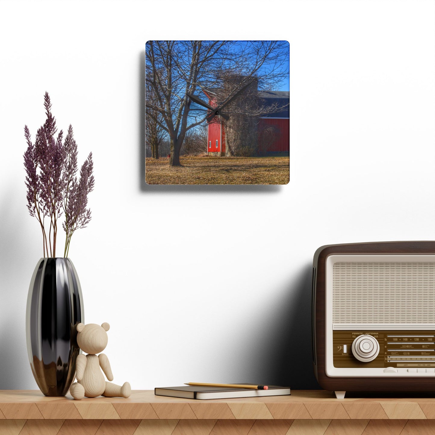 U R There Photography Leonard Road Red Rustic Farmhouse Acrylic Analog Wall Clock