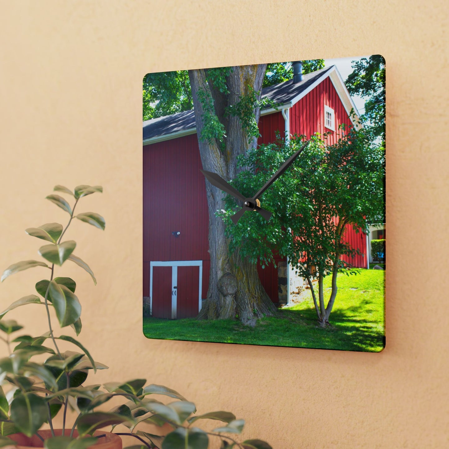 U R There Photography Court Street City Red Rustic Farmhouse Acrylic Analog Wall Clock