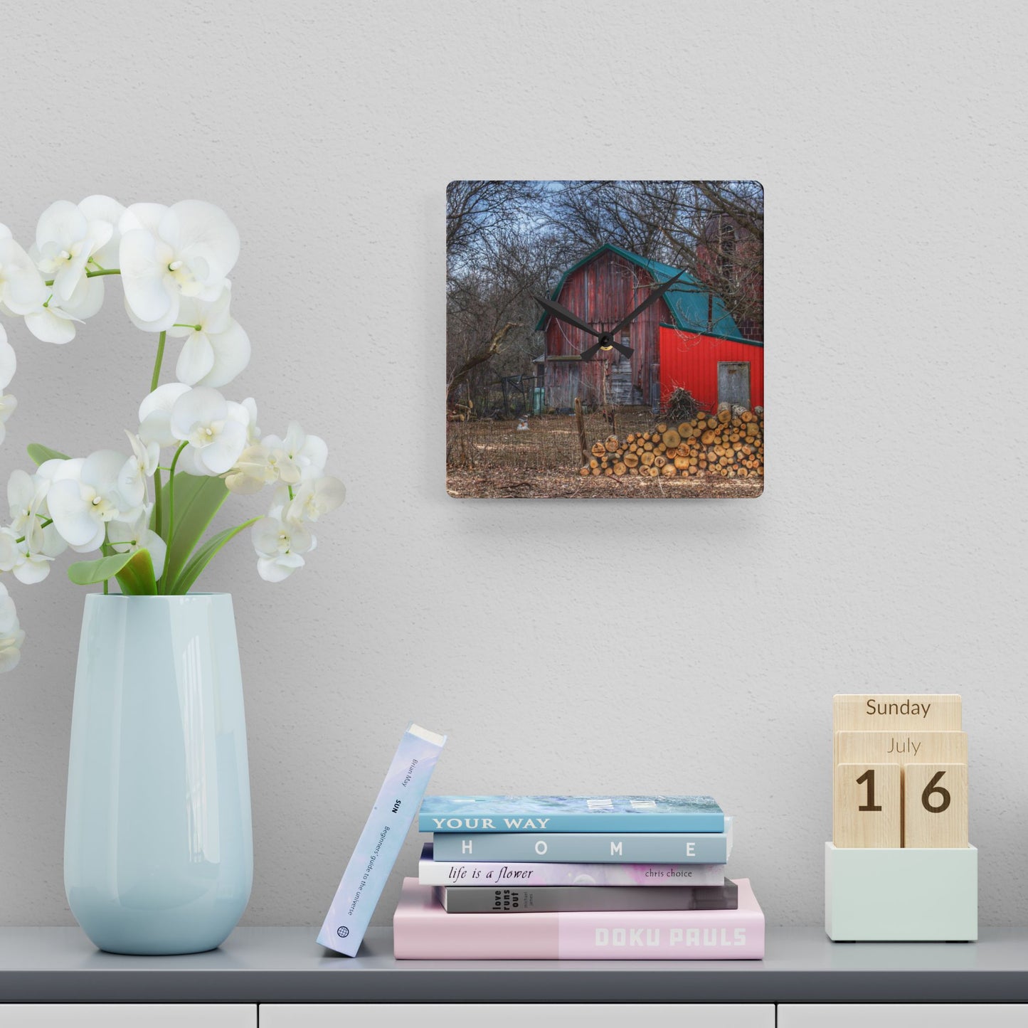 U R There Photography Bray Road Hidden Barnyard Red II Rustic Farmhouse Acrylic Analog Wall Clock