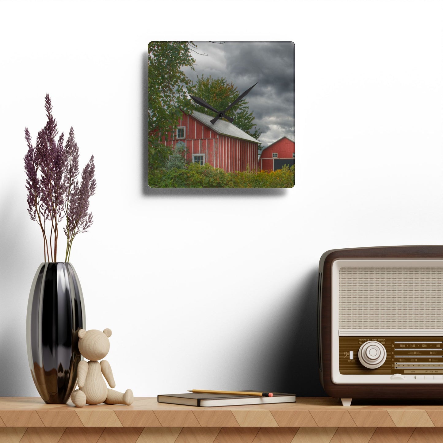 U R There Photography Pinstripe Barn and Buddy I Rustic Farmhouse Acrylic Analog Wall Clock