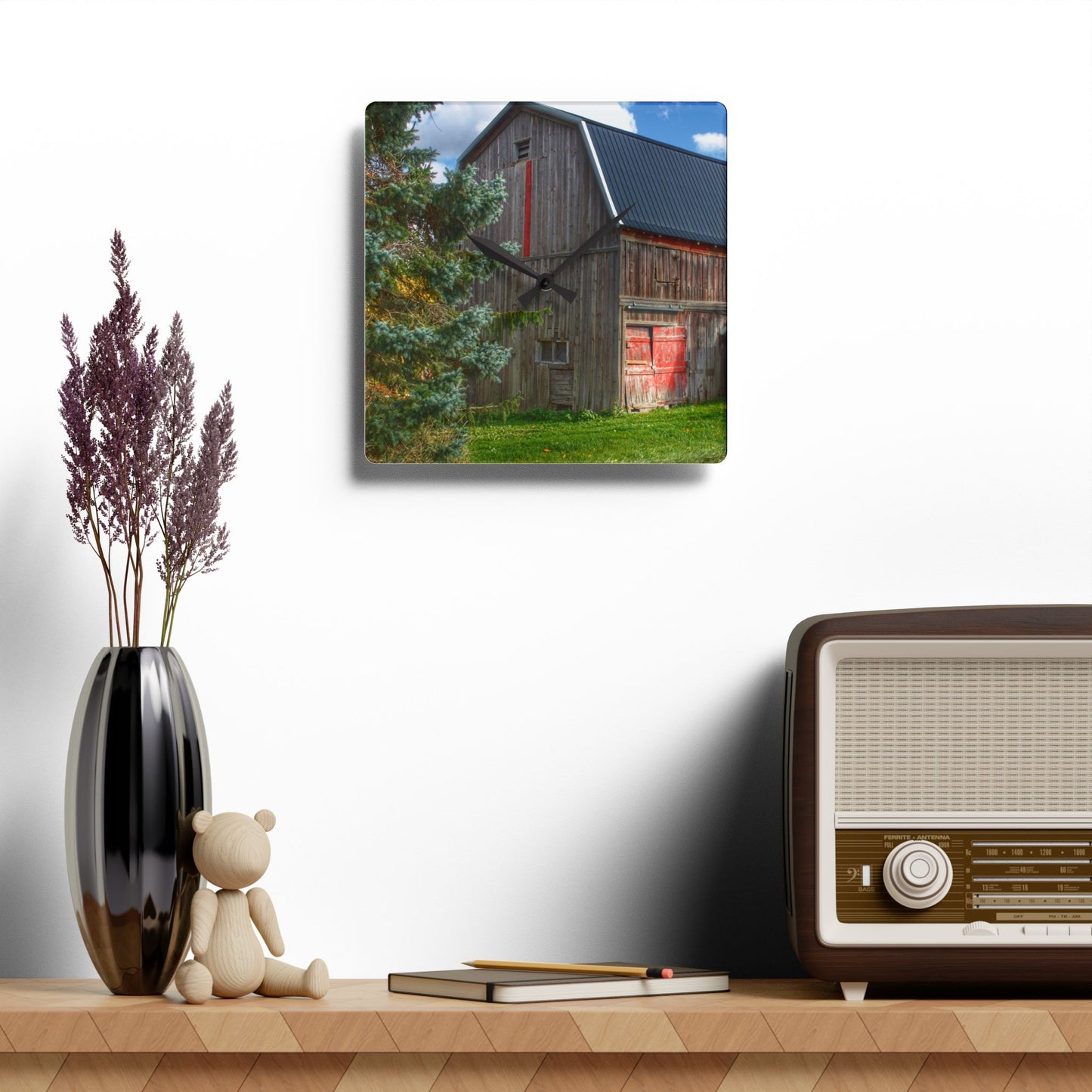 U R There Photography East Leonard Road Red Rustic Farmhouse Acrylic Analog Wall Clock