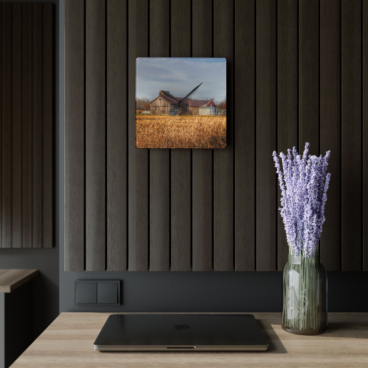 U R There Photography North Center Road Grey Rustic Farmhouse Acrylic Analog Wall Clock