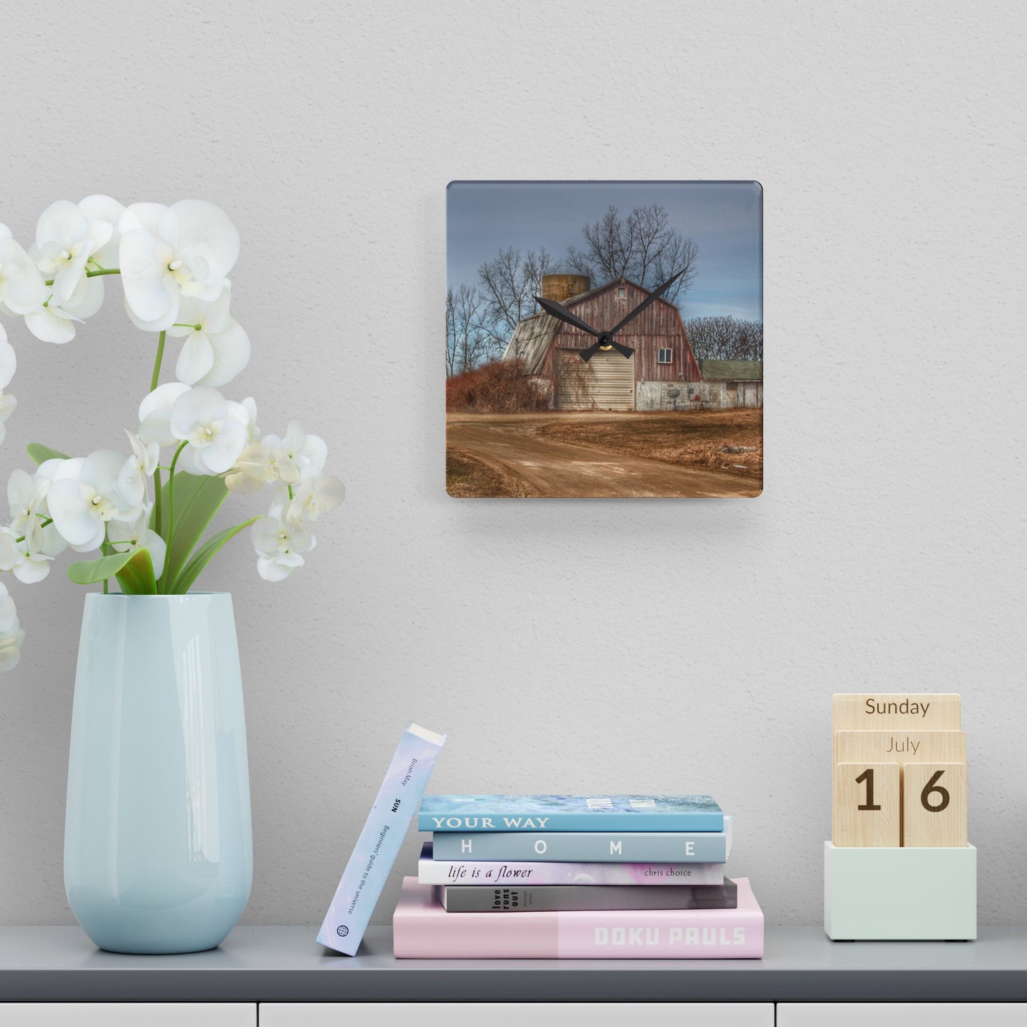 U R There Photography Maple Valley Road Red I Rustic Farmhouse Acrylic Analog Wall Clock